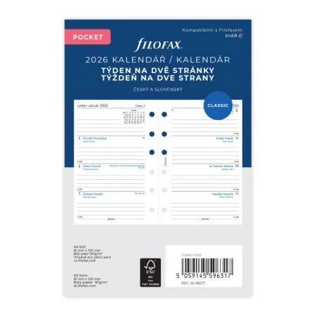 Náhradní vložka do diářů Filofax - kalendář kapesní týdenní / 2 strany Cenový Hit